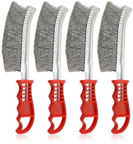 WIYETY Juego de 4 cepillos de alambre: cepillo de acero inoxidable de acero inoxidable, cepillos pequeños de alambre con cerdas, cepillo de alambre de mano con mango curvado, cepillo de acero para
