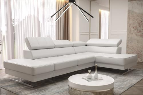 Emporio Mini Canapé d'angle 300 x 180 cm en cuir véritable, moderne, avec appuie-têtes réglables, pieds argentés, canapé d'angle gauche ou droite au choix, canapé design de qualité supérieure (blanc