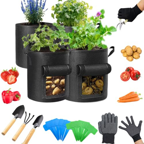 Vndnsy Set med 4 potatisodlingspåsar (med fönster), odlingspåsar för grönsaksset, 10 gallon icke-vävt tyg grönsaksodlingspåsar för grönsakstomat jordgubbspotatis frukt blomma trädgård plantering.