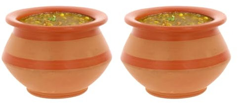 GK Global Kitchen Clay Handi Pots Set of 2 Small Biryani Rice Curry Dal Serving Pot Yoghurt Curd Bowl Dish Deep Round Indian Traditional Mitti Pot Unglazed Clay Terracotta Bowl, 200ml