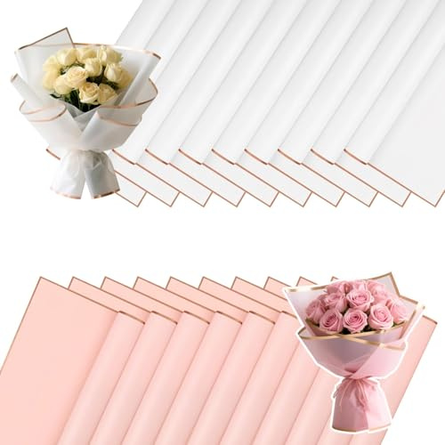 Lot de 20 feuilles de papier cadeau pour bouquet de fleurs - Imperméable avec bord doré - Papier floral pour art floral, emballage cadeau, artisanat, papier décoratif pour bouquets (58cm*58cm)