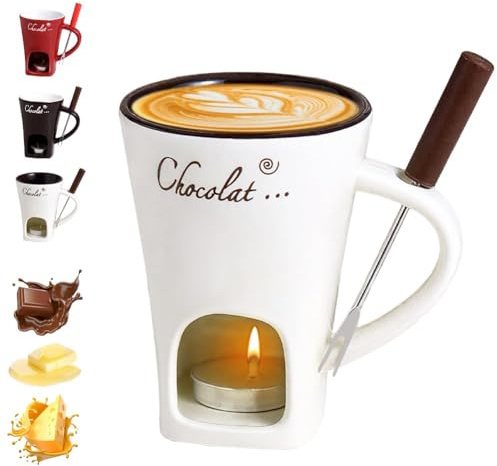 Chocolate fondue cup with forks, chocolate melting cup, ceramic butter warmer pot set, cheese melting cup, fondue heated with tealight, warming cup for candy snack caramel party (C)