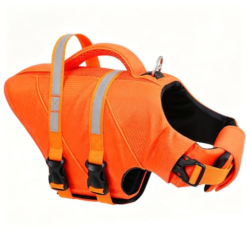 KONVINIT Chaleco Salvavidas Chaleco Flotante para Perros Color de Alta Visibilidad – Dog Life Jacket con Bandas Reflectantes, Cierre de Hebilla Rápido,Asa de Transporte Robusta
