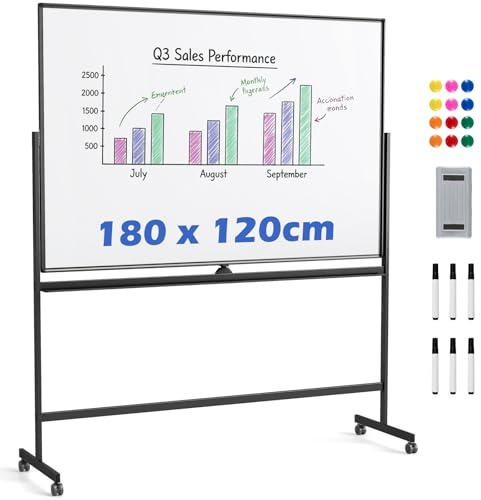 COSTWAY Tableau Blanc Effacable sur Pied 180 x 120 cm, Double Face, Tableau Blanc Roulette, 2 Hauteurs Réglables, Cadre en Alu Métal, 10 Aimants, Whiteboard Magnetique pour École Bureau Maison(Noir)