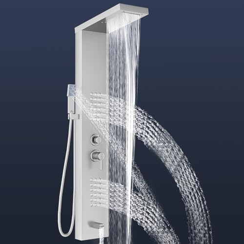 Pannello Doccia Sistema a Torre, soffione doppio pioggia cascata, colonna in acciaio inox 304, sistema massaggio a parete, doccetta, beccuccio per vasca, getti corporei multipli