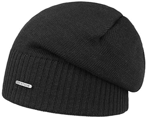 Stetson Merino Oversize Beanie Damen Herren Strickmütze aus Wolle Made in Italy Gefüttert mit Fleece und UV-Schutz Herbst Winter schwarz One Size