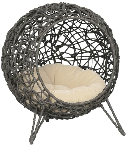 PawHut Panier Chat lit surélevé Chat Cosy Niche Grotte Grand Confort dim. Ø 52 x 58H cm Coussin Moelleux Inclus résine tressée Imitation rotin Gris