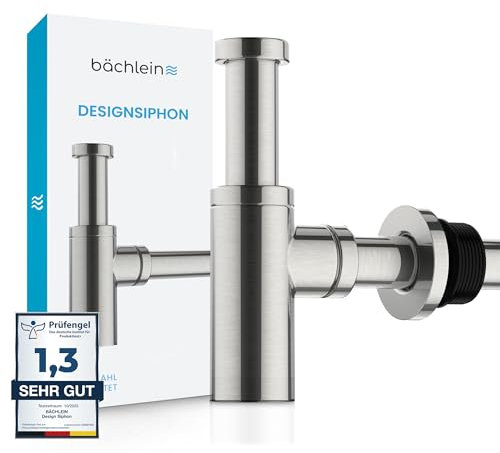 Bächlein Design Siphon for Washbasin and Washstand - Brushed Stainless Steel - Odour Trap with Cleaning Opening + Installation Instructions - Design Siphon Tubular Siphon