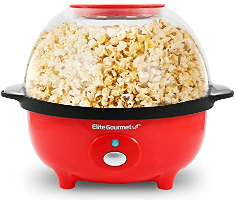 Elite Gourmet EPM330R Automatic Stirring Ceramic Nonstick 12-cup Popcorn Maker, Hot Oil Popcorn Machine w/Measuring Cap & Built-in Reversible Serving Bowl, Great for Home Party, ETL Approved, Red