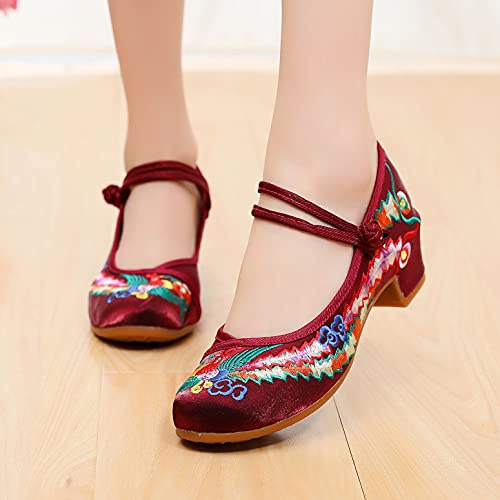 LGYKUMEG Ladies Elegant Ethnic Embroidered Shoes Dance Shoes, Shoes Traditional Chinese Women, Vintage Ladies Embroidered Mary Janes,wine red,39EU