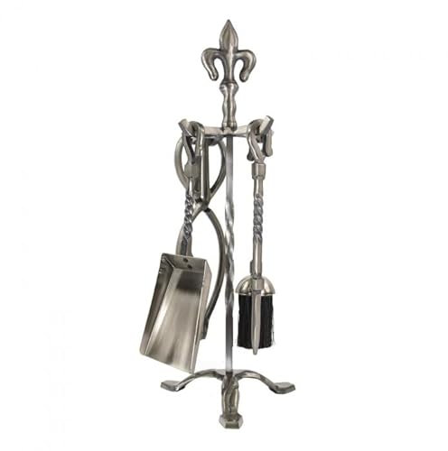 5 Pieces Traditional Companion Fleur De LYS Style Edge Indoor Fireplace Accessories Tools Set Tong, Brush, Poker & Shovel Coal Fire Wood Burner Cast Iron - Pewter FIRE116