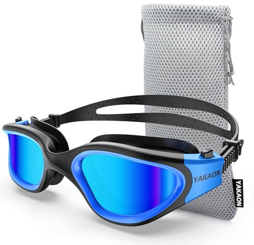 YAKAON Polarisiert Schwimmbrille für Herren und Damen,A1 Schwimmbrille mit Spiegel/Rauch Linse UV-Schutz Anti Nebel Verstellbar Profi Schwimmbrillen für Erwachsene Jugendliche
