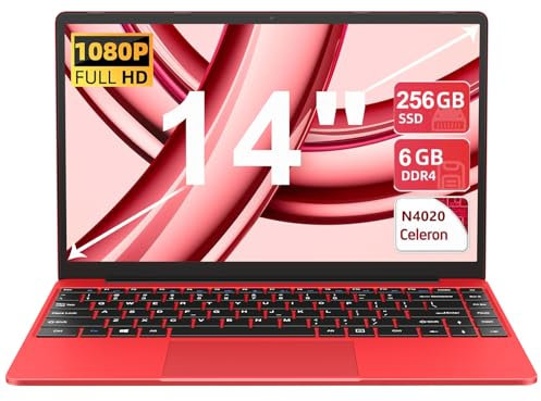 AOCWEI Laptop Celeron N4020 Up to 2.8Ghz, Laptops 14 Inch Win 11 Con 5G WiFi 6+256GB SSD Erweiterung 1TB, BT 4.2 1920 * 1080 FHD Mini Multimedia Anschluss, Notebook with Deutscher Keyboardfilm-Red