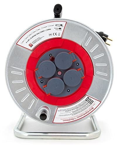 KOOP Elektro Metall Kabeltrommel Verlängerungskabel mit 4 Steckdosen (schuko), Wickel Kurbel, Thermoschutz und Netzschalter H05RR-F 3G2,5mm2 20M Metal