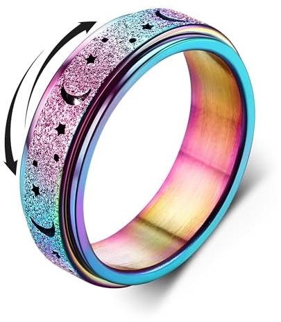 Diamday Anxiety Rings Spinner Rings for Stress Relief Women Men Fidget Ring | Stainless Steel Roller Rings, Anti Anxiety Ring, Anti Stress Ring, Lucky, Worry, Fidget Rings, Moon, Star, Size J-R 1/2