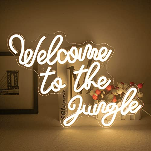 Welcome to the Jungle Letra de neón blanco neón signo LED cartel palabra luz de neón para decoración de pared USB Letra luminosa para jardín, entrada de casa, porche, fiesta regalo