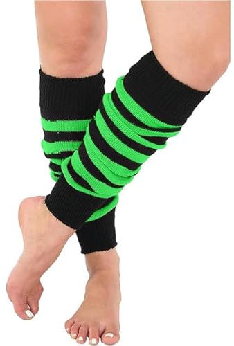 BloomFashion® Women’s Girls Stripes Knitted Leg Warmer Ultra Soft 1980s Winter Fancy Dress Party Dance Wear Stretchy Knit Leg Warmers For Ladies (Black, Green)