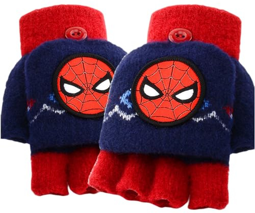 FASHION YO Gants d’hiver en tricot chauds pour enfants avec rabat sans doigts, doublure en polaire thermique, mitaines mi-doigts avec couverture convertible à rabat pour le haut, taille unique