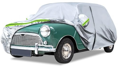 Autoabdeckung Passend für Austin Mini 1959-2000, wasserdichte Vollgarage Autoplane mit Reißverschlusstür und Entlüften für Schnee, Regen, Allwetterschutz (Silber)