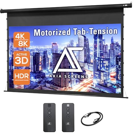 Akia Screens 120 Inch Motorized Tab Tension Projector Screen, 16:9 Retractable Projection Screen, UST, Short & Standard Throw Compatible, 4K Indoor Home Theater Screen, Black Case, AK-ELT120H.