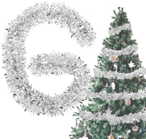 Guirlandes Tinsel Noël Argent 4X 3M - Brillant Christmas Garland Ø 9 cm, Déco de Sapin Argent