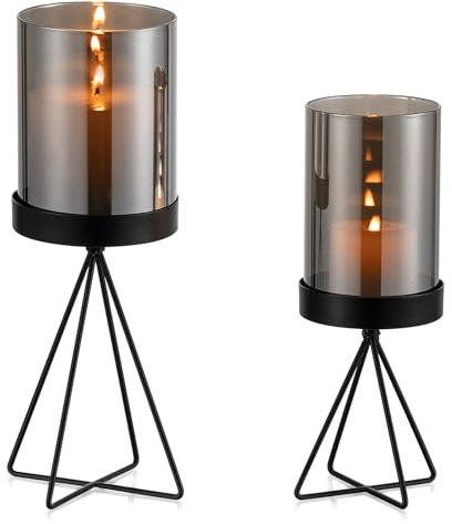 Sziqiqi Windlicht Kerzenständer Schwarz Deko: Metall Kerzenhalter Stumpenkerzen mit Grau Glaszylinder Tischdeko - Modern Kerzenständer Geometrisch für Wohnzimmer Fensterbank Outdoor Draussen