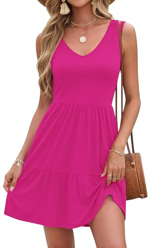 WNEEDU Femmes Robes d'été Courte sans Manches Robe de Plage A-Line Swing Robe Décolleté V avec Poches
