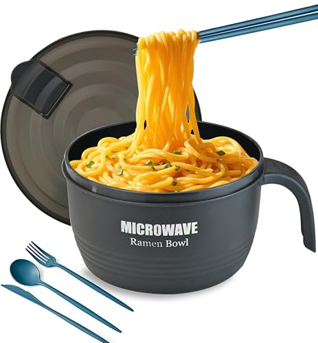 Layron Large Ramen Bowl, Ramen Noodle Bowls Microwavable 45 oz, Ramen Cooker, Microwave Pasta Cooker, Ramen Bowl Microwave Gift for College Boys Girls Male Female Dorm Room (black)