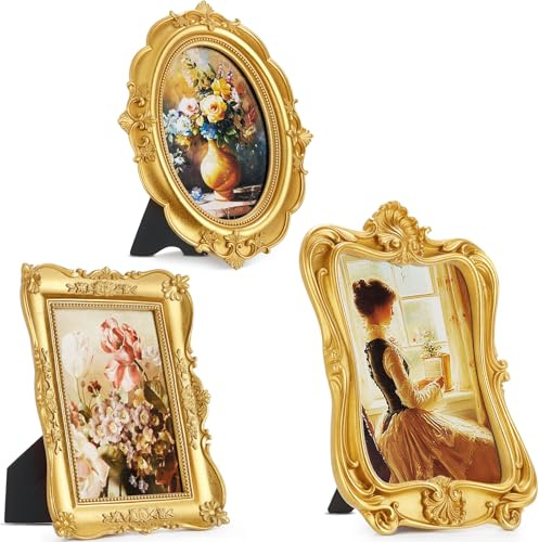 Qunclay 3 Pcs Vintage Resin Picture Frame 4 x 6,5 x 7 Inches Ornate Picture Frames Oval Rectangle Baroque Antique for Wall Hanging Home Wedding (Classic)