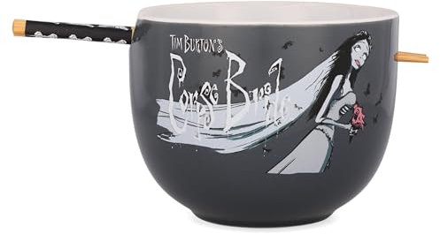 Silver Buffalo Tim Burton's Corpse Bride Emily Butterflies Ceramic Ramen Dinnerware Set | Includes 20-Ounce Noodle Bowl and Wooden Chopsticks