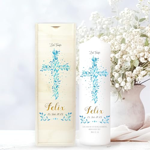 Bougie Baptême personnalisée Garçon motif Croix florale bleue – Cierge Baptême avec prénom, date et message – Bougie imprimée – cierge personnalisé – 25 x 7 cm