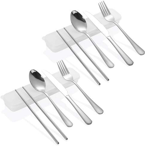 2 Piezas Cubiertos para Llevar, Porta Cubiertos para Llevar al Trabajo, Estuche Cubiertos Trabajo, Cubiertos Acero Inoxidable con Cuchara, Cuchillo, Tenedor, Palillos para Picnic (Blanco)