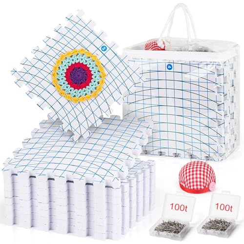 Reessy Blocking Mats for Knitting, 9 Pack Knitting Blocking Mats and T Pins 200pcs, Large Crochet Blocking Board, Thick Interlocking Foam Blocking Board for Crochet with Storage Bag and Pin Cushion