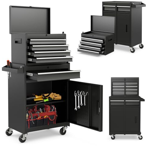 SOARS Servante d’Atelier à 5 Compartiments 59 X 28 X 102 CM (Noir) | Chariot d’Atelier avec 2 Étagères, Coffre Outils Amovible & Armoire à Outils, Verrouillable, pour Garage, Atelier, Maison