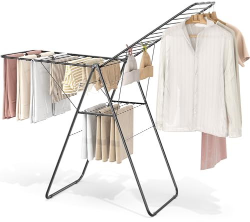 KINGBOARD Clothes Drying Rack Foldable, Drying Rack Clothing with Height-Adjustable, Metal Laundry Rack, Indoor Outdoor Use, No Assembly, 20.47x 70x 42.52, Black