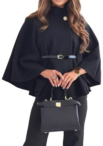 Manteau Poncho À Manches Chauve-Souris for Femme, Veste Cape en Laine avec Ceinture, Pardessus Court d'hiver, Manteau Cape À Col Montant(Black,M)