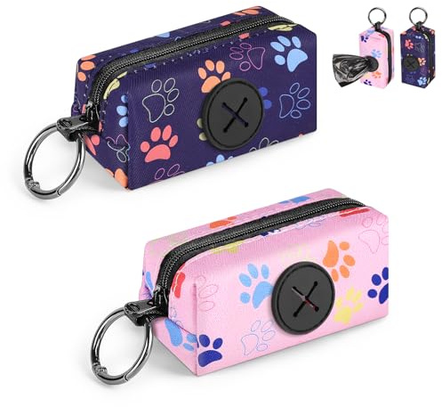 2 Ps Distributeur Sac a Crottes Chien Porte Sac a Caca pour Chien en Canvas Sac Dejection Canine avec Anneau Métallique Support de Sac Crottes Canines pour Marche Randonnée Promenade(Griffe-Rosa&Blau)