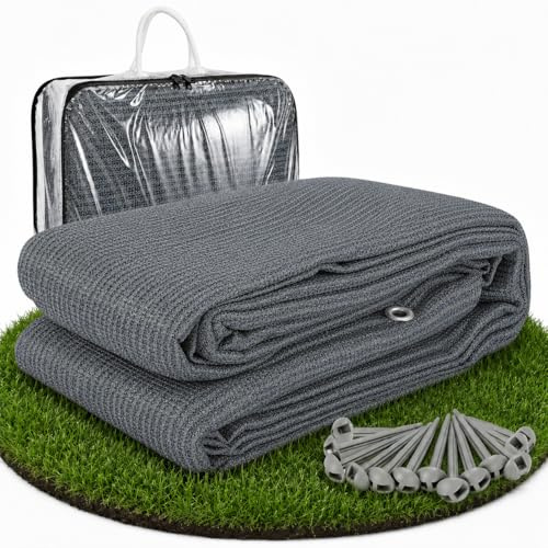 Vkechh Tapis d'auvent 100 % polyéthylène haute densité respirant pour caravane, camping-car, terrasse, avec sac de transport à œillets, piquets
