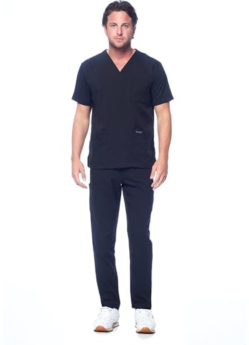 Dagacci Medical Uniform Unisex Women and Men’s V-Neck Super Stretch Scrub Set, Black, S