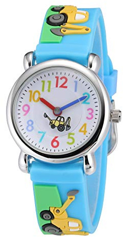 Jewtme Kids Time Teacher Watches 3D Cute Cartoon Silicone Children Toddler Wrist Watches for Ages 3-10 Boys Girls Little Child Excavator Blue