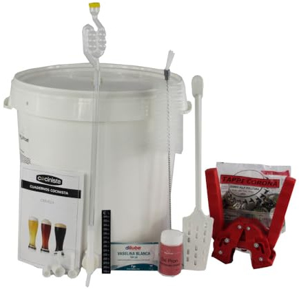 Cocinista Kit elaboración Cerveza casera 30 L con fermentador 1 ud, Grifo y airlock, chapador y 100 chapas, desinfectante sin aclarado, termómetro Adhesivo y Accesorios para embotellar fácil