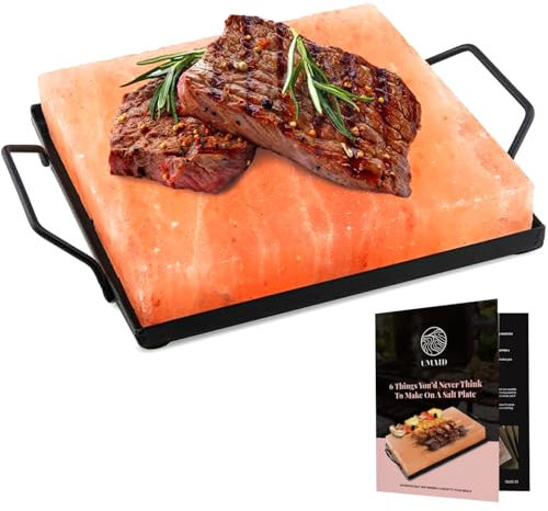 UMAID Himalayan Salt Block Cooking Plate 8x8x1.5 for Cooking, Grilling, Cutting and Serving, Food Grade Rock Salt Stone On Steel Tray with Recipe Pamphlet Unique Gifts for Men, Women, Dads & Cooks