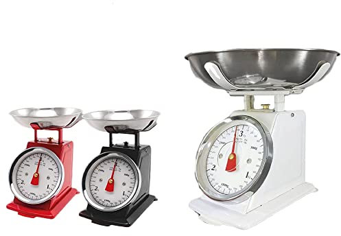 Bilancia meccanica da cucina nera rossa bianca per pesare cibi pietanze alimenti farina portata fino 3kg in acciaio-nero