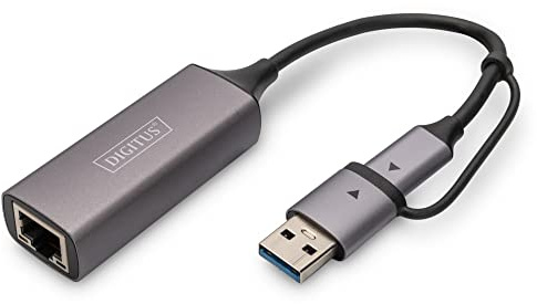 DIGITUS Adaptador de Red USB - 2,5 Gbit/s - RJ45 a USB-C 3.1 - Incl. Adaptador Tipo A - Full Duplex - Auto MDI-X - Gris