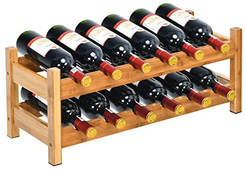 COSTWAY Weinregal für 12 Flaschen, Flaschenregal mit 2 Etagen, Flaschenhalter aus Bambus für Keller, Küche, Bar, Esszimmer, Flaschenhalter Holz, 62 x 24 x 25 cm, Natur