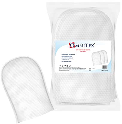 50x Omnitex Disposable Dry Body Cleansing Wash Gloves | Soft & Thick | Curved Ergonomic Design | Use with Body Wash or Water to Clean & Exfoliate | Incontinence, Bed Bath or Outdoors | 1x 50pk