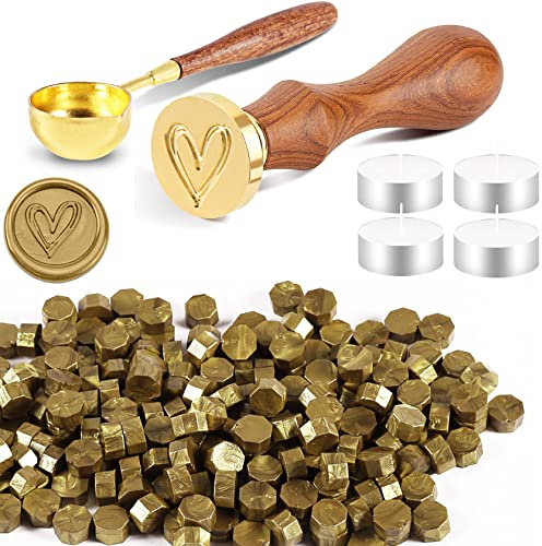 Foonii Juego de sellos de cera con 200 cuentas de cera para sellos, 1 sello de cera, 1 cuchara, 4 velas para sobres, invitaciones, tarjetas y regalo (corazón, oro rojo)