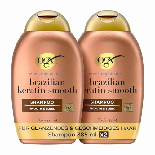 OGX Ever Straightening + Brazilian Keratin Smooth Shampoo (385 ml), champú alisador con proteínas de keratina, tensioactivos sin sulfatos, para cabello grueso y rizado (Paquete de 2)