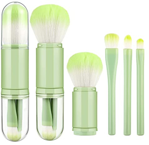 4 in 1 Make up Pinsel Set einziehbares, Makeup Pinsel reise tragbar, Kosmetik Pinsel für Gesichtspuder Lidschatten Blush, Schmink Pinselsets multifunktionale Kosmetikpinsel klein (grün)