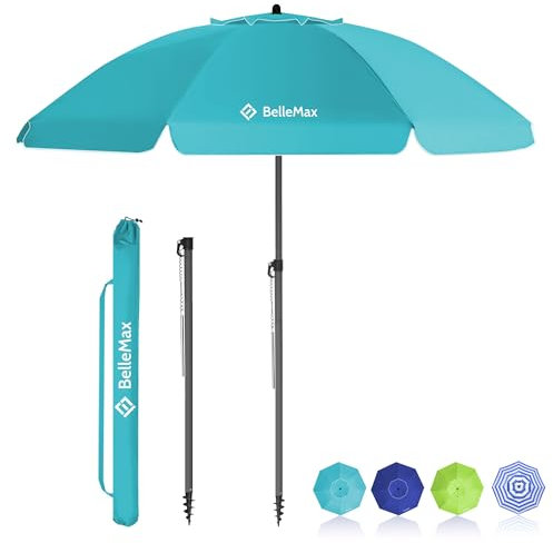BelleMax Parasol de Plage Exterieur, avec ancre de sable 12 cm & Sac de Parasol, Inclinable sur 30°, Hauteur réglable, pour Balcon, Plage, Terrasse, Protection Solaire UV50 +,Turquoise,200 cm